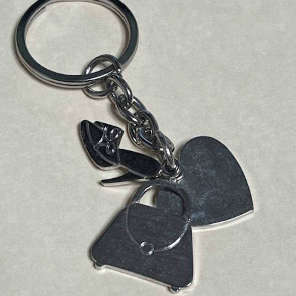 Nine West Key Fob Key Ring Chain w/Charms: Shoe Purse Heart Silver Tone 3.5"